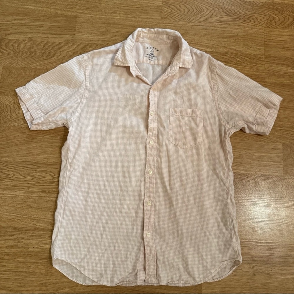 J Crew 100% Irish Linen Shirt Men's Medium Pink/White Check Plaid Button Up